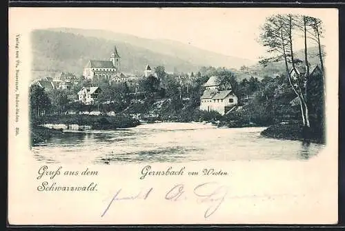 AK Gernsbach /Schwarzwald, Flusspartie mit Blick auf die Kirche