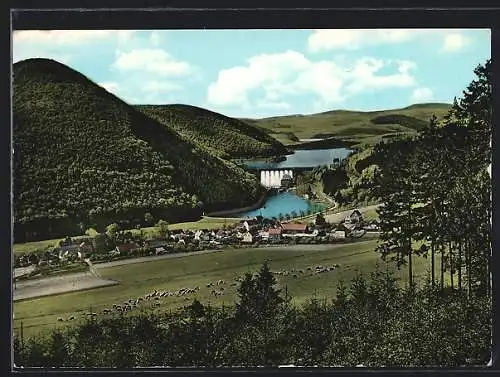 AK Helminghausen /Westf., Diemeltalsperre mit überlaufender Sperrmauer