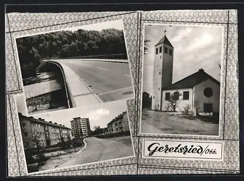 AK Geretsried /Obb., Partie an der Kirche, Brücke, Häuser im Ort