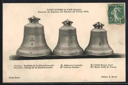 AK Saint-Cosme-de-Vair, Souvenir du Bapteme des Cloches - 29 Fèvrier 1912, Glocken