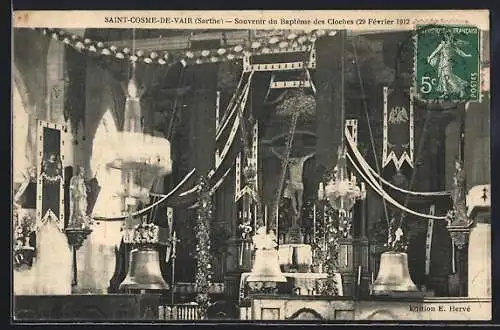 AK Saint-Cosme-de-Vair, Souvenir du Bapteme des Cloches - 29 Fèvrier 1912, Glocke