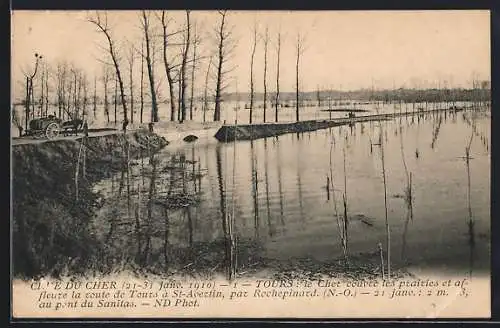 AK Tours, Le Cher couvre les prairies et affleure la route de Tours à St.-Avertin, Hochwasser