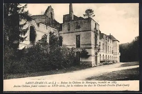 AK Saint-Èpan, Ruines du Chateau de Montgogu, incendiè en 1883, Hochwasser