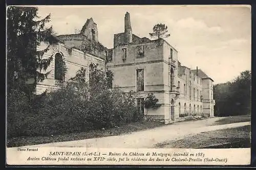 AK Saint-Epain, Ruines du Chateau de Montgogu, incendiè en 1883, Hochwasser