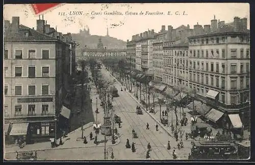 AK Lyon, Cours Gambetta, Coteau de Fourviere, Strassenbahn