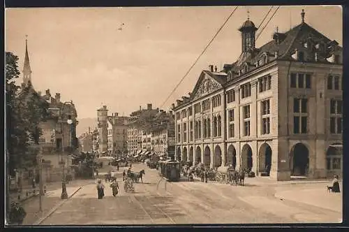 AK Alt-Bern, Kornhaus mit Blick gegen die Hauptwache, Strassenbahn