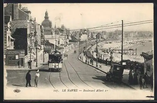 AK Le Havre, Boulevard Albert I., Strassenbahn