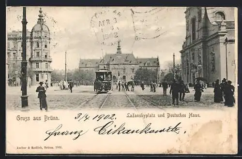 AK Brünn, Strassenbahn am Lazanskyplatz und Deutsches Haus