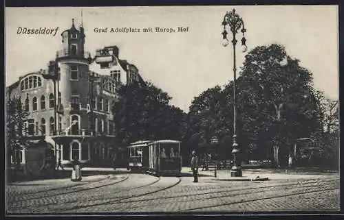 AK Düsseldorf, Strassenbahn am Graf Adolfsplatz mit Europ. Hof