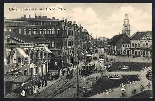 AK Libau, Rosenplatz und Grosse Strasse mit Strassenbahn