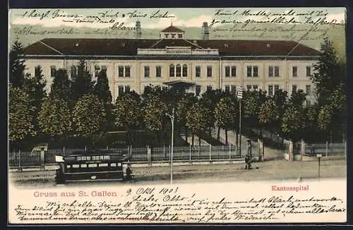 AK St. Gallen, Strasse mit Strassenbahn am Kantonspital