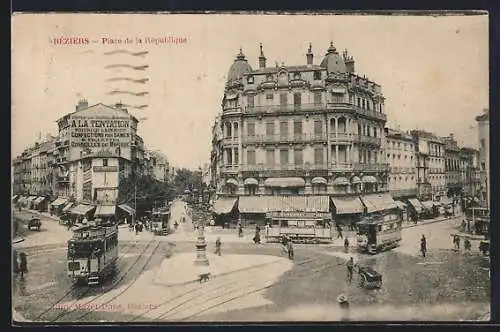 AK Beziers, Place de la Republique, Strassenbahn