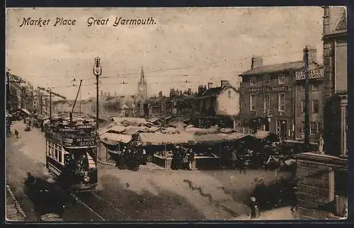 AK Great Yarmouth, Market Place, Strassenbahn