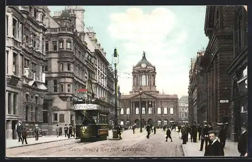 AK Liverpool, Castle Street and Town Hall, Strassenbahn