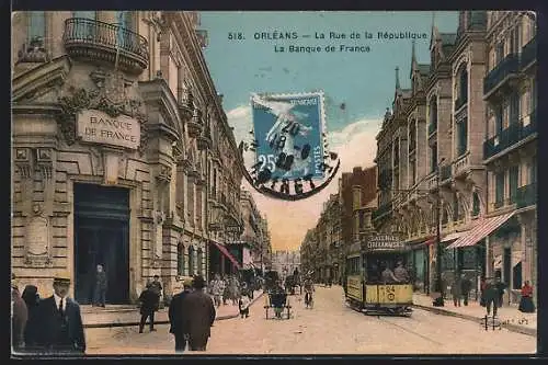 AK Orleans, La Rue de la Republique, La Banque de France, Strassenbahn