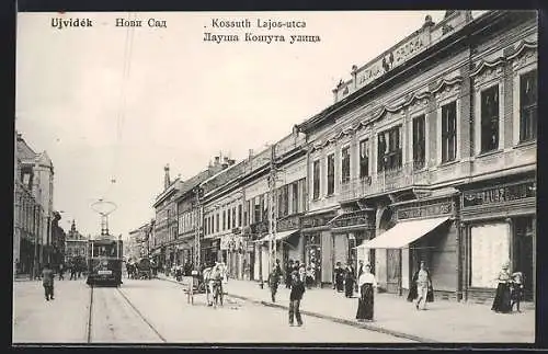 AK Ujvidék, Kossuth Lajos-utca, Strassenbahn in der Kossuth Lajos-Gasse, Pferdegespann