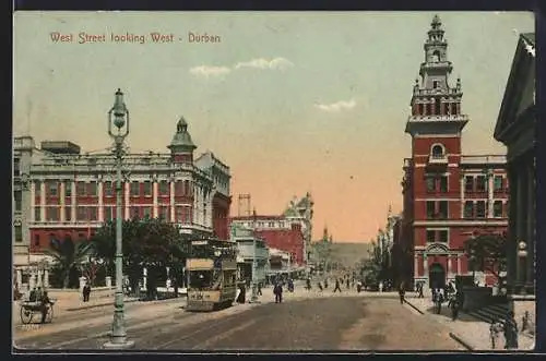 AK Durban, West Street looking West, Strassenbahn