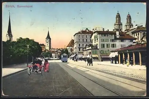 AK Zürich, Strassenbahn am Sonnenquai