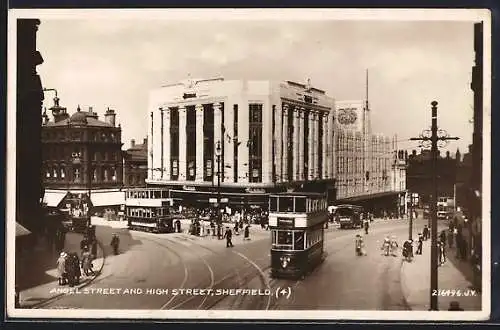 AK Sheffield, Angel Street and High Street, Strassenbahn