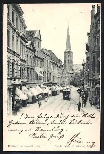 AK Lübeck, Strassenbahn in der Breitestrasse mit Jacobikirche