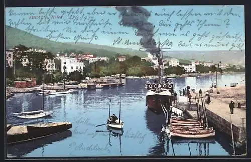 AK Abbazia, Hafen mit Dampfer, Ruder- und Segelbooten