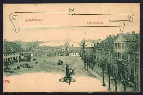 AK Rendsburg, Schlossplatz im Herbst, im Hintergrund eine Eisenbahn