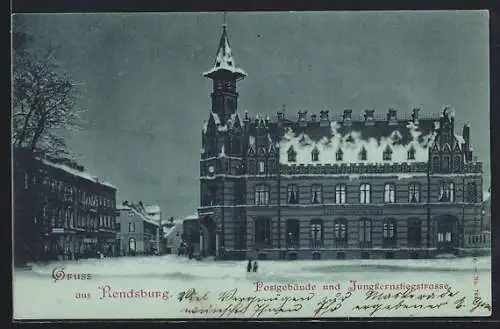 Mondschein-AK Rendsburg, Postgebäude und Jungfernstiegstrasse