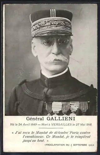 AK Heerführer General Gallieni in Uniform mit Zwicker