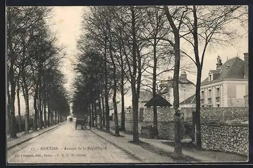 AK Houdan, Avenue de la République avec calèche et arbres alignés