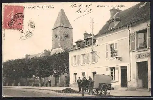 AK Bonnières, L`Église et scène de rue avec chariot et passants