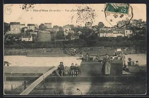 AK Fin-d`Oise, Vue générale avec péniches sur la rivière