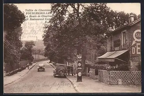 AK Fourcherolles, La Route de Chartres avec Café Restaurant Camus