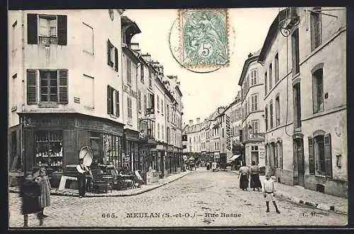 AK Meulan, Rue Basse animée avec boutiques et passants