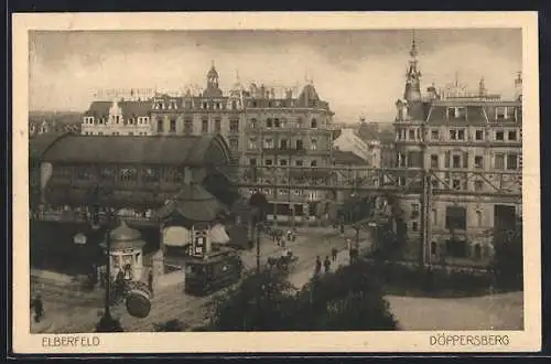 AK Elberfeld, Döppersberg, Schwebebahnhof aus der Vogelschau, Kiosk, Strassenbahn