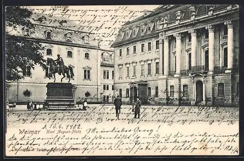 AK Weimar / Thür., Karl August-Platz mit Reiterstatue