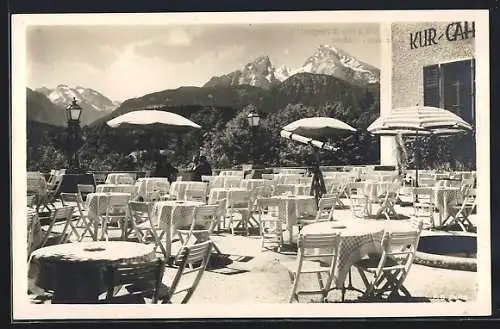 AK Berchtesgaden, Kur Cafe Königl. Villa A. Bubestinger, Terrasse mit Alpenpanorama