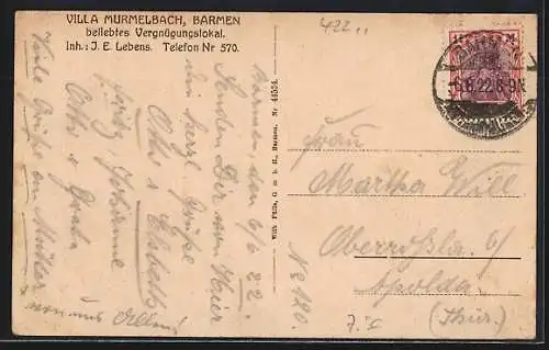 AK Barmen, Gasthaus Villa Murmelbach J. E. Lebens, vom Wasser gesehen