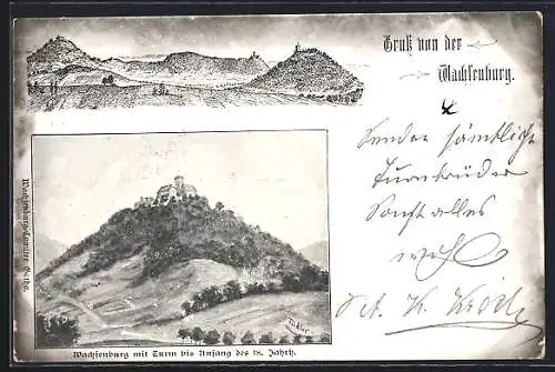 Lithographie Gotha, Wachsenburg mit Turm, Panorama