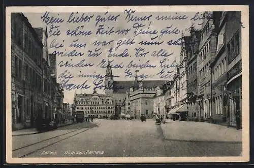 AK Zerbst, Strassenpartie mit Kaufhaus und Rathaus