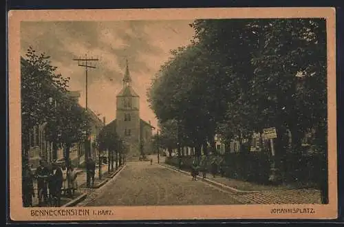 AK Benneckenstein i. Harz, Johannisplatz und Strassenpartie mit Kirche