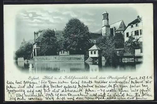 Mondschein-AK Erfurt, Blick von der Schlössermühle nach dem Predigerhof