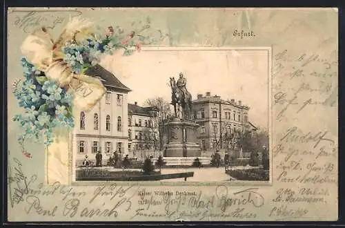 Lithographie Erfurt, Kaiser Wilhelm-Denkmal, Vergissmeinnicht mit Schleife