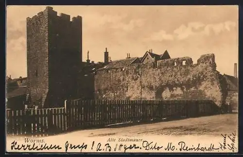 AK Worms, Alte Stadtmauer mit Turm