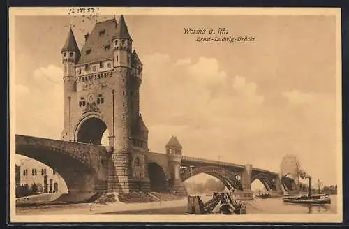 AK Worms a. Rhein, Flusspartie mit Ernst-Ludwig-Brücke