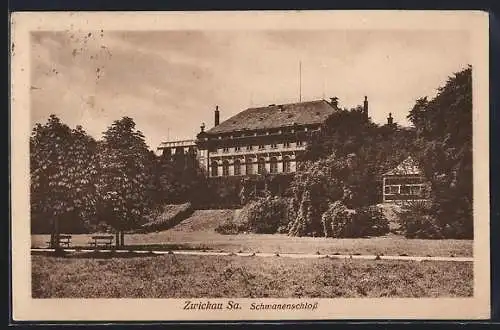 AK Zwickau /Sa., Schwanenschloss mit Parkanlage