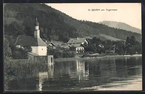 AK St. Quirin am Tegernsee, Ortspartie mit Kirche am Seeufer