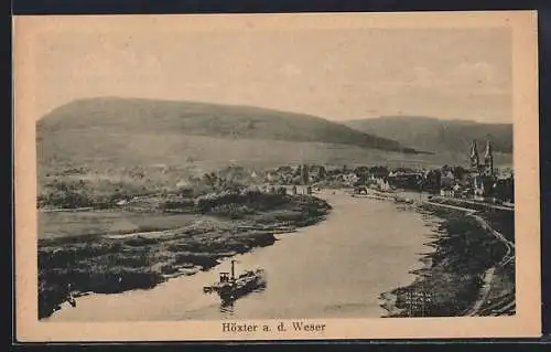 AK Höxter a. d. Weser, Flusspartie mit Dampfschiff, Blick zur Stadt