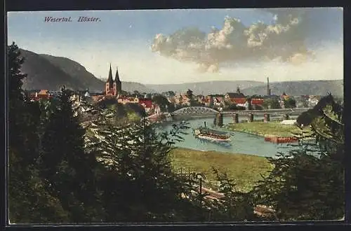 AK Höxter a. d. Weser, Partie im Weser, Dampfschiff auf der Weser, Blick zur Stadt