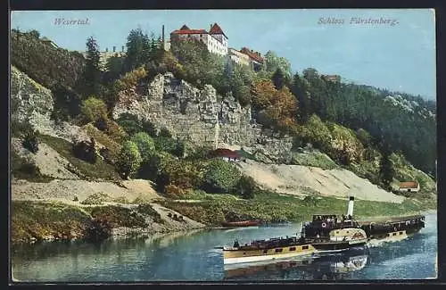 AK Fürstenberg /Weser, Schloss mit Flusspartie und Dampfer