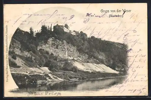 AK Fürstenberg a. d. Weser, Flusspartie mit Schloss